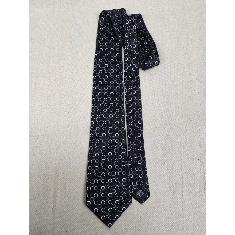 Alfani Mens Silk Necktie Black Grey White Geometric Circles Hand Made Tie